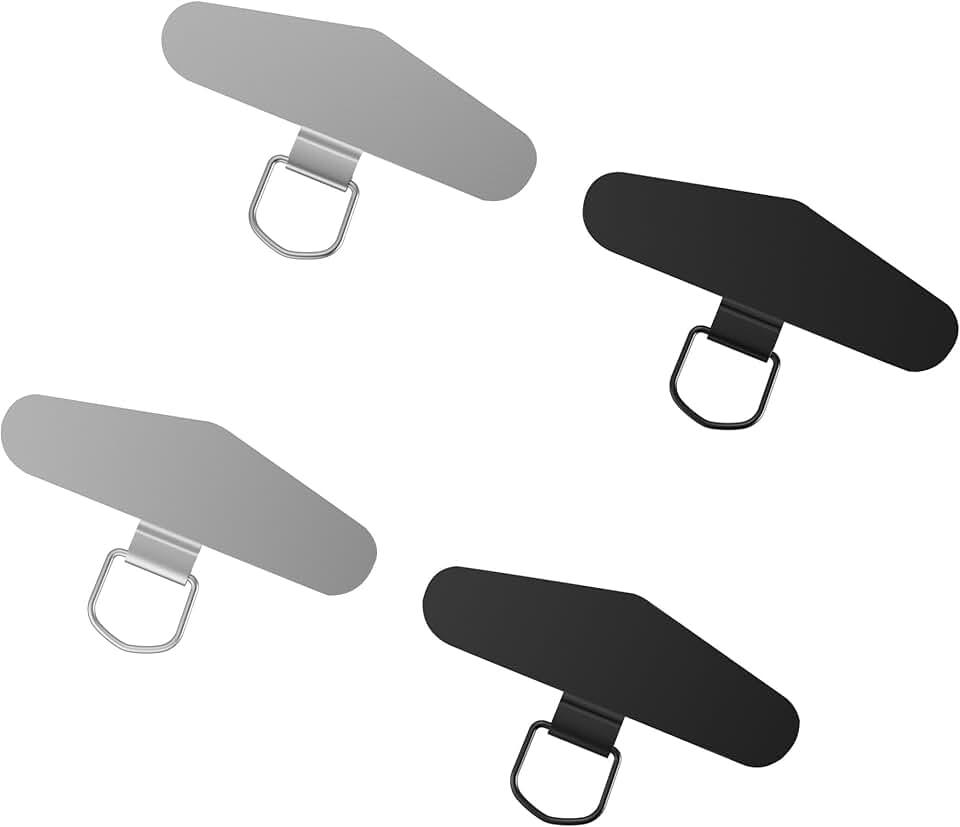 Set of four thin metal phone lanyard tabs in black and silver