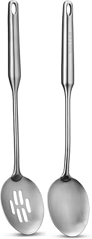 Set of two stainless steel cooking utensils with solid serving spoon