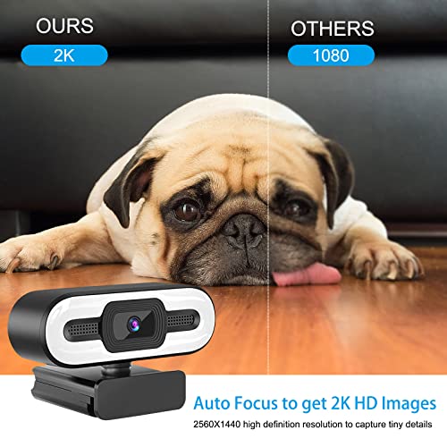 2K Webcam with Microphone, Full HD Streaming Webcam with Ring Light 3 Level Adjustable, PC Computer Camera for Desktop with Tripod and Privacy Cover for Recording, Calling, Conferencing