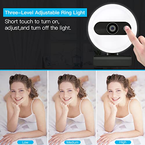2K Streaming Webcam with Ring Light and Microphone, Webcam Cover, Adjustable 3-Level Brightness,USB Streaming Webcam Advanced Autofocus for PC Desktop Laptop