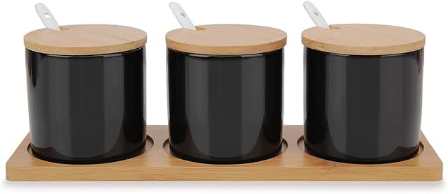 Set of 3 ceramic condiment jars with bamboo lids