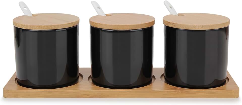 Set of 3 ceramic condiment jars with bamboo lids