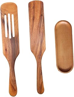 Heat-resistant long handle wooden spatula with slotted spatula and tray