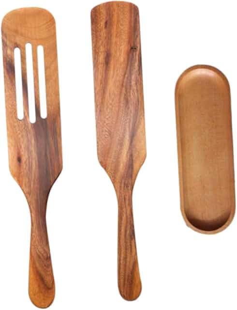 Heat-resistant long handle wooden spatula with slotted spatula and tray