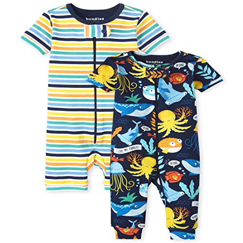 The Children s  Baby and Toddler Boys Sea Life Striped Snug Fit Cotton One Piece Pajamas 2-Pack, Thunder Blue, 0-3 Months