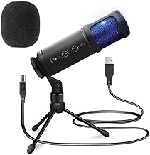 USB condenser microphone with LED, gain, headphone jack, mute, and tripod