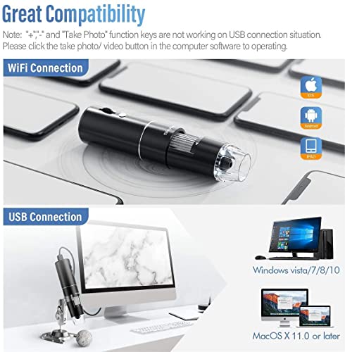 Wireless Digital Microscope, 50X-1000X Magnification WiFi Portable Handheld Microscopes with Adjustable Stand HD USB Microscope Camera Compatible with iPhone Android iPad Windows Mac Computer