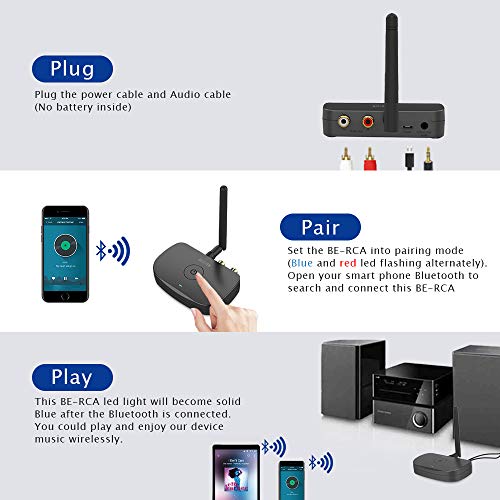 BE-RCA Long Range Bluetooth Audio Adapter, HiFi Wireless Music Receiver, Bluetooth 5.0 Receiver for Wired Speakers or Home Music Streaming Stereo System, Black