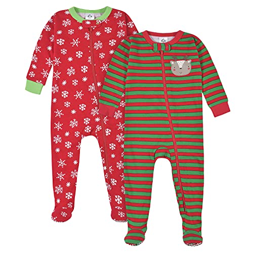 Baby Holiday 2-Pack Snug Fit Footed Cotton Pajamas, Red Reindeer Snowflake, 0-3 Months