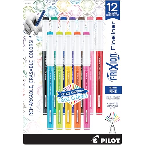 Erasable Fineliner Pens, 0.5 mm, Pack of 12, Assorted Colors