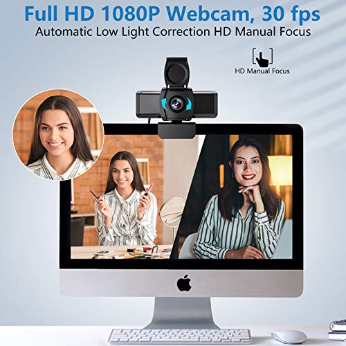 Webcam with Microphone (Noise Cancelling) 1080P Full HD Privacy Cover USB Driver Adjustable Focus for Desktop Computer Gaming Live Streaming Video Conference Zoom Meeting Web Camera