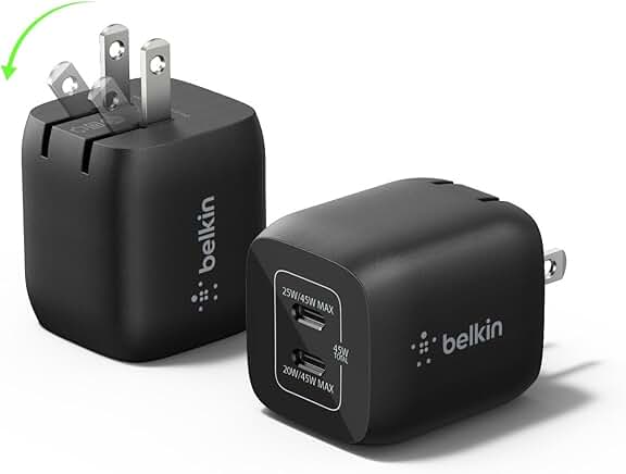 Dual USB-C Charger Block 45W, Fast Charging, Black