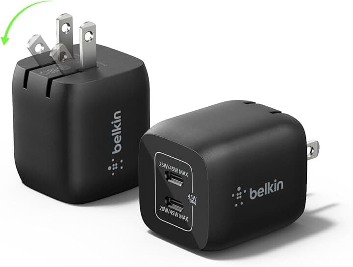 Dual USB-C Charger Block 45W, Fast Charging, Black