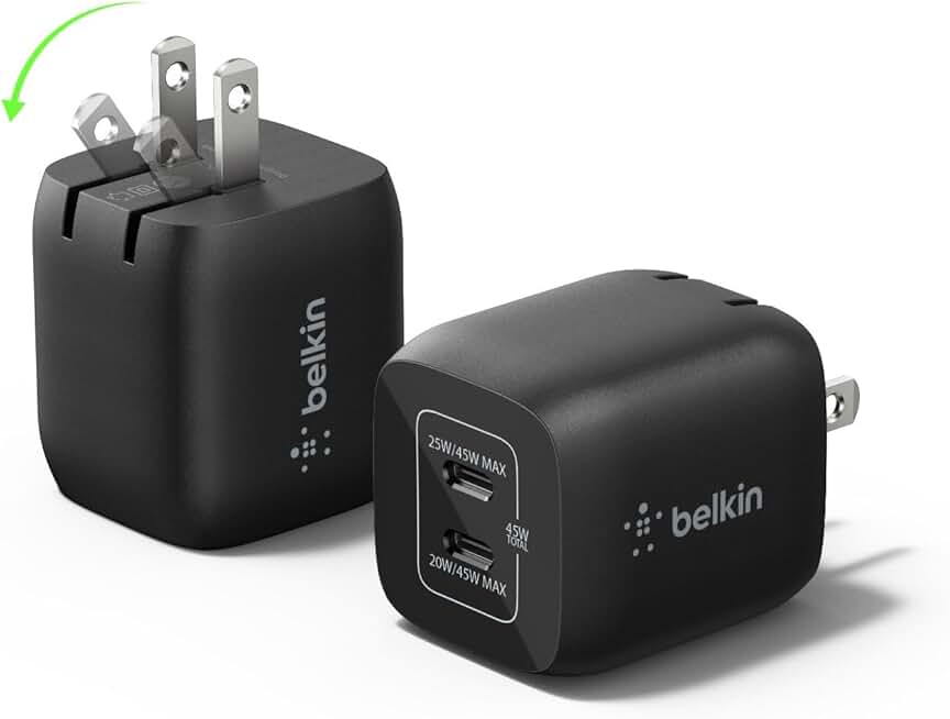 Dual USB-C Charger Block 45W, Fast Charging, Black