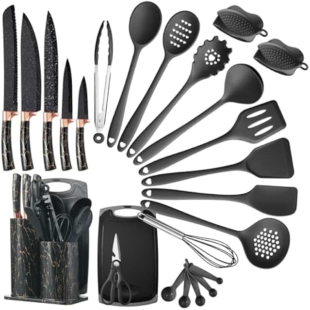 25-Piece Silicone Kitchen Utensil and Knife Set with Holder