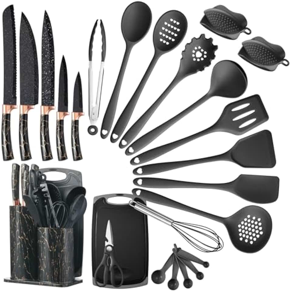 25-Piece Silicone Kitchen Utensil and Knife Set with Holder