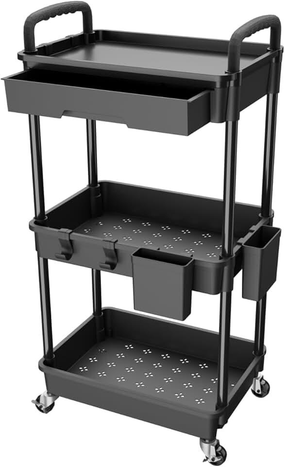 Three-Tier Rolling Utility Cart with Drawer