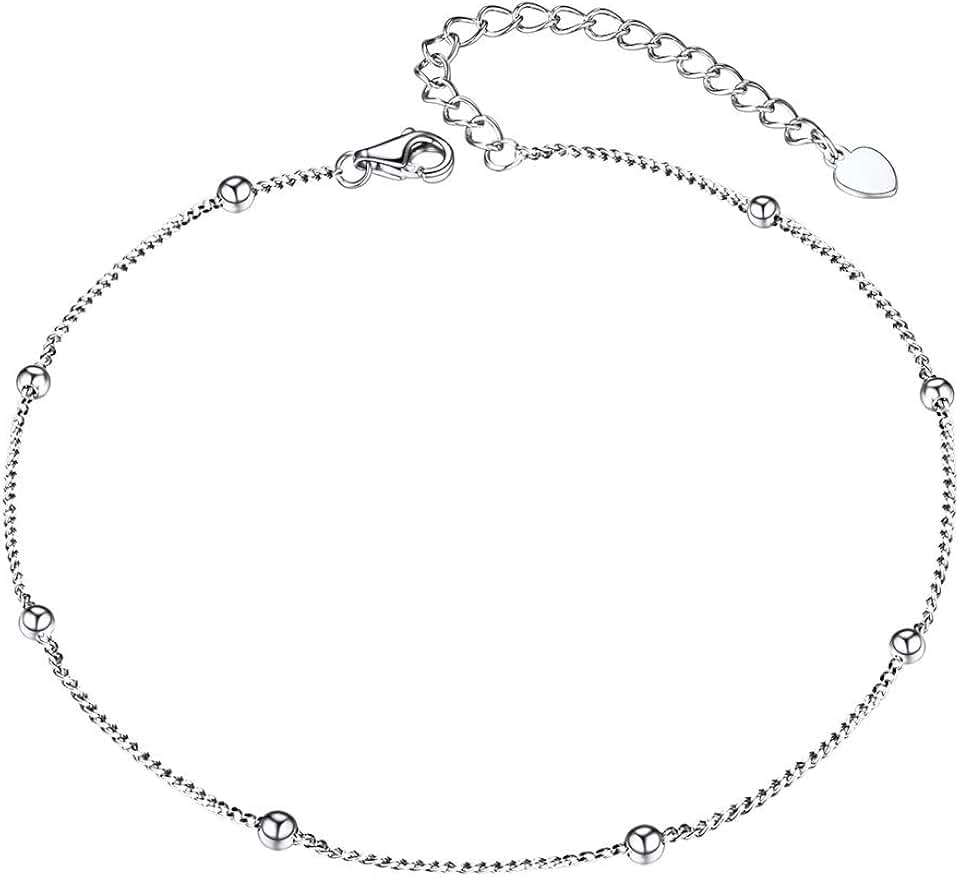 Sterling Silver Bead Chain Anklet for Women and Girls