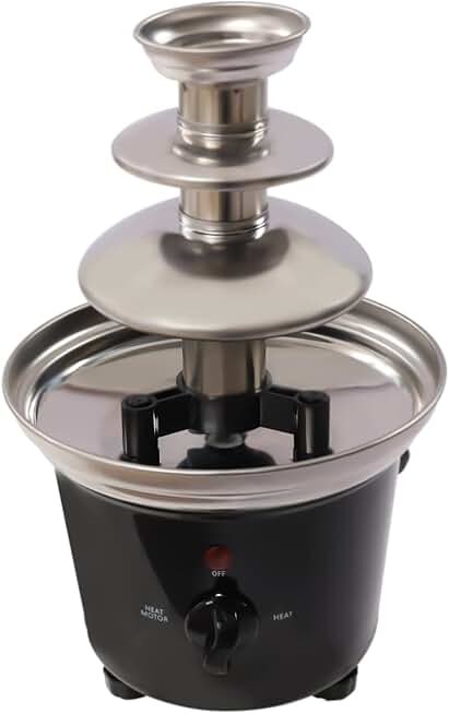 Three-tier stainless steel cheese and chocolate fountain with fruit plate