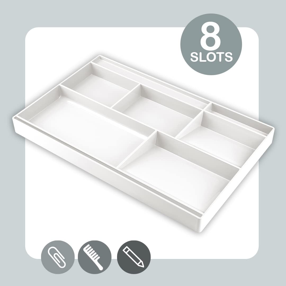 White plastic desk drawer organizer with 8 compartments
