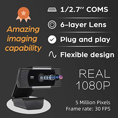 FHD 1080P Webcam Pro, 5 Megapixel Streaming Web Camera with Noise Reduction Microphone, Widescreen USB Computer Camera for PC Mac Laptop Desktop Video Calling Conferencing Recording - 2nd Gen
