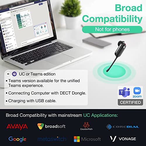 WH63 Wireless DECT Headset Ultra Portable Office Headset for Teams Zoom Compatible Single Ear Headset with a dongle Telephone Headset with Noise Canceling for Computer PC Laptop headsets