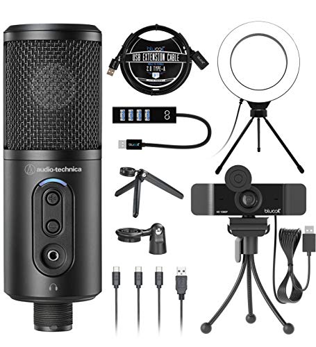 ATR2500x-USB Cardioid Condenser Microphone (ATR Series) for Windows & Mac Bundle with Blucoil 1080p USB Webcam, 6" Dimmable Selfie Ring Light, USB-A Mini Hub, and 3' USB Extension Cable