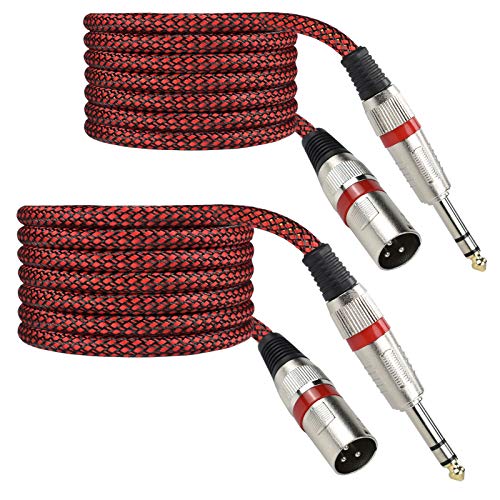 1/4" TRS to XLR Male Cable Balanced - 6.6FT Quarter Inch Stereo to XLR Microphone Cord Adapter, Nylon Braided, OFC Shielded, Red Color, for Mixer, Monitor Speaker, Audio Interface, 2Pack
