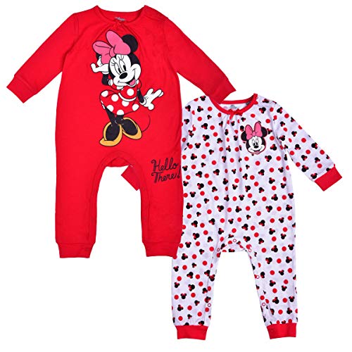 Girl's 2 Pack Minnie Mouse Footed Coverall Bodysuit Creeper Set, Long Sleeve Bodysuit, Size 3M