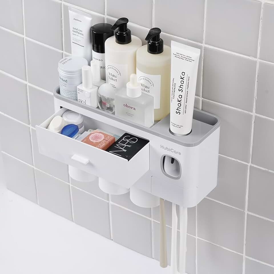 Wall-mounted toothbrush holder with toothpaste dispenser and storage