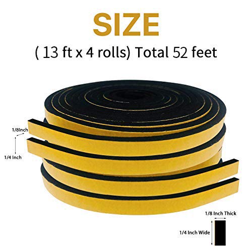 Weather Stripping for Doors-4 Rolls, 1/4 Inch Wide X 1/8 Inch Thick Total 52 Feet Long, Adhesive Foam Seal Tape for Windows (13ft x 4 Rolls)