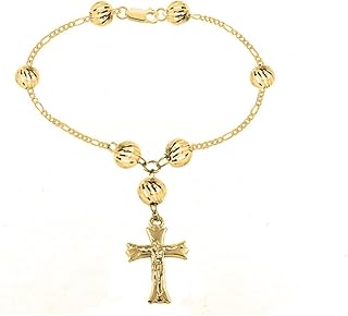 Gold-Plated 8MM Beaded Rosary Cross Bracelet for Women