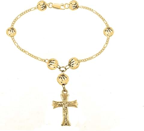 Gold-Plated 8MM Beaded Rosary Cross Bracelet for Women