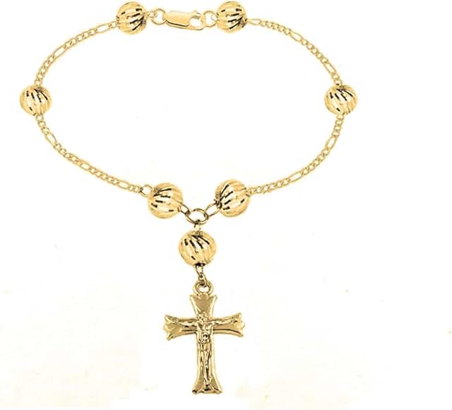 Gold-Plated 8MM Beaded Rosary Cross Bracelet for Women