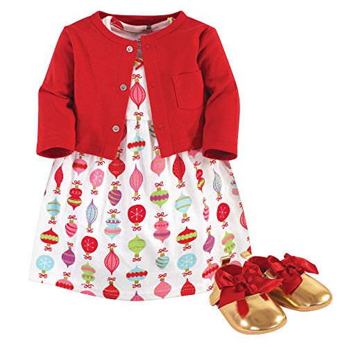 Baby Girls' Cotton Cardigan, Dress and Shoe, Glitzmas 3-piece, 3-6 Months US