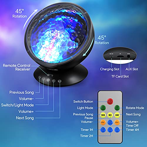 Ocean Wave Projector, Lullaby Night 7 Relax Light Show Projection, Music Player, Auto-Off Timer for Nap-time for Baby Nursery, Adults and Kids Bedroom, Living Room, Black
