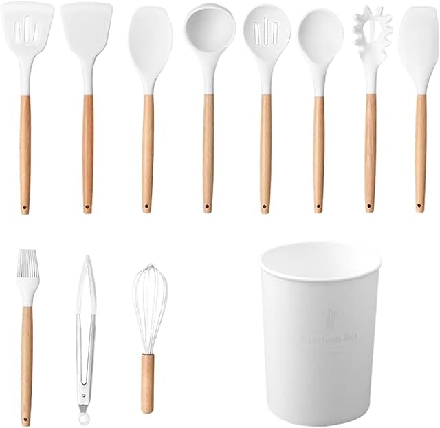 12-Piece Silicone Kitchen Utensil Set with Wooden Handles