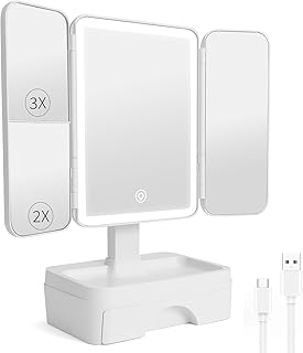 Tri-fold LED Makeup Mirror with Storage and Adjustable Angle
