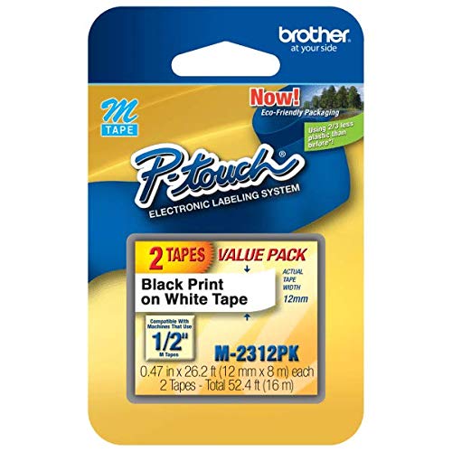 Genuine P-touch M-2312PK Tape, 2 Pack, 1/2" (0.47") Wide Standard Non-Laminated Tape, Black on White, Recommended for Home and Indoor Use, 0.47" x 26.2' (12mm x 8M), 2-Pack, M2312PK, M231