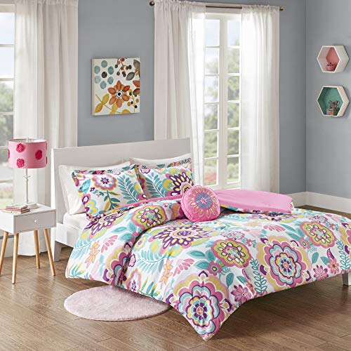 Camille Comforter Set, Vibrant Flowers Design All Season Teen Bedding, Matching Sham, Decorative Pillow, Girls Bedroom Dcor, Full/Queen, Pink 4 Piece