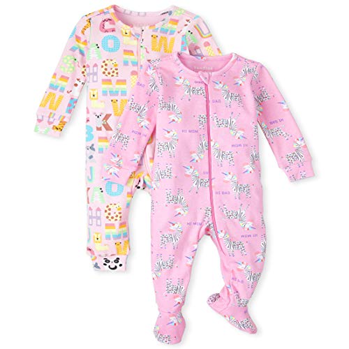 Baby and Toddler Girls ABC Animal Snug Fit Cotton One Piece Pajamas 2-Pack, SPARKLPINK, 0-3 Months