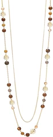 Gold Beaded Long Necklace with Natural Stones for Women