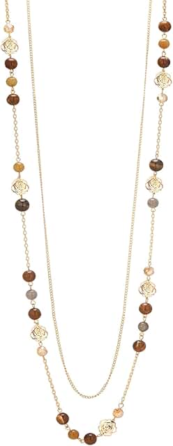 Gold Beaded Long Necklace with Natural Stones for Women