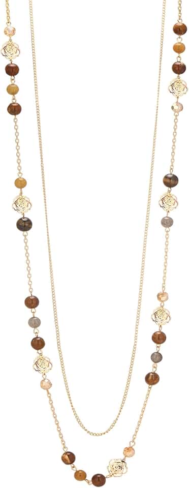 Gold Beaded Long Necklace with Natural Stones for Women