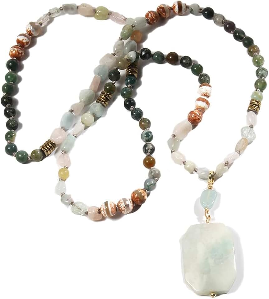 Long Natural Stone Beaded Boho Necklace for Women and Men