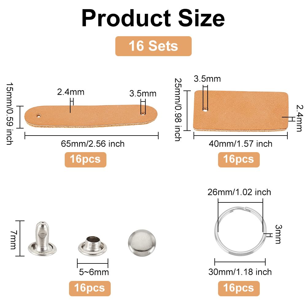 Leather Keychain Kit 48Pcs/16 Sets with Leather Tags and Rings