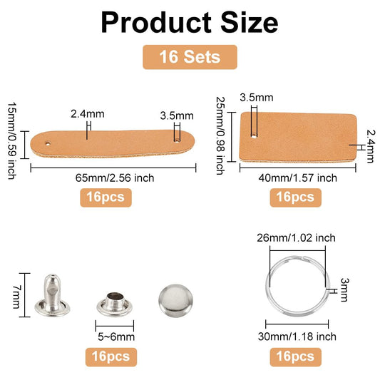 Leather Keychain Kit 48Pcs/16 Sets with Leather Tags and Rings
