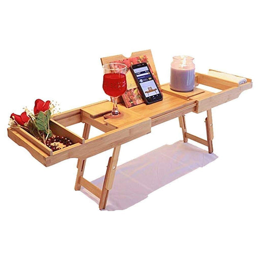 Bathtub Rack with Feet Bamboo Telescopic Non- Waterproof Bath Cell Phone Rack Wine Rack Multi Functional Tray Rack Tray with Book and Wine Holder Bath Bathroom Organizer Bed Tray