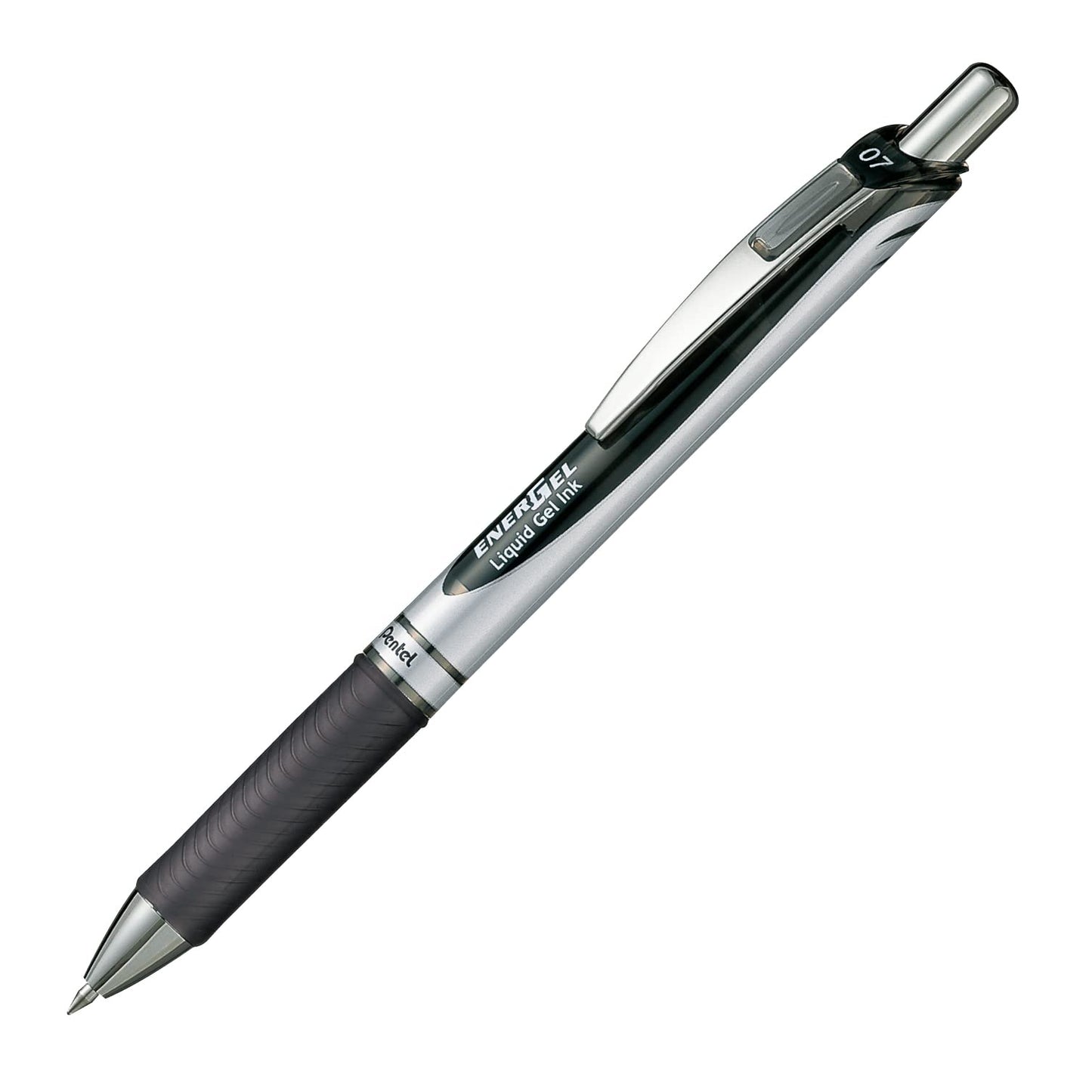 Black ink ballpoint pen with silver body and black accents
