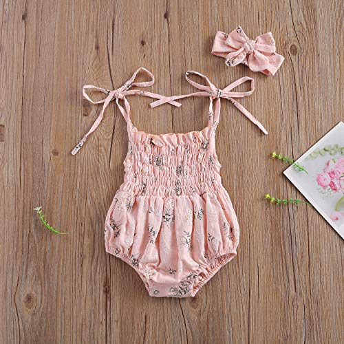 Infant Baby Girl Strap Sleeveless Romper Floral Bodysuit Jumpsuit Overalls +Headband 2Pcs Cotton Summer Outfits (A-Pink, 3-6 Months)